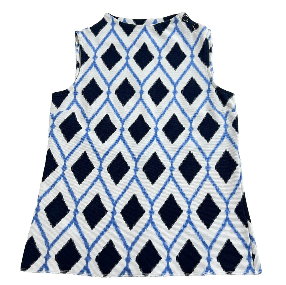 Talbots Diamond Print Blouse High Neck Buttons Sleeveless Blue White, Sz Small